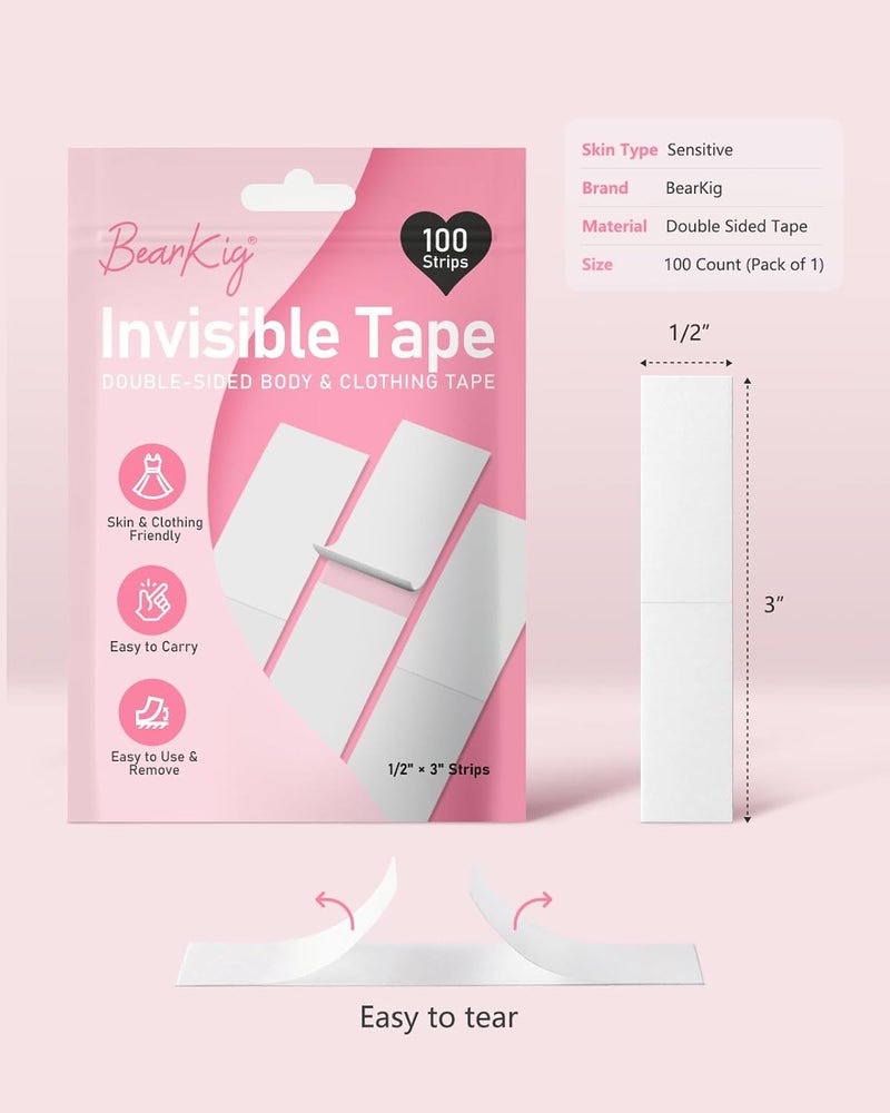 BearKig 100-Strips Double-Sided Tape for Fashion, Clothes, Fabric Tape for Women Clothing and Body, All Day Strength ,Invisible and Clear Tape for Sensitive Skins - Image 2